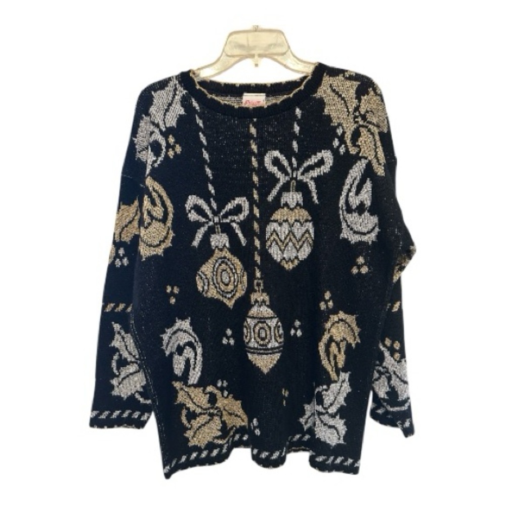 Vintage 80s/90s Holiday Time Black and Gold Ornament Sweater Large